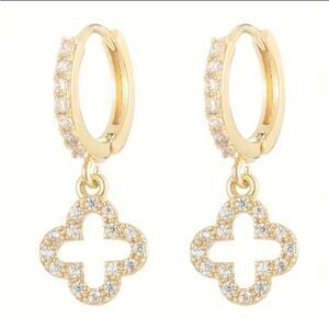 Gold Diamond Clover Motif Huggie Hoop Earrings - Simulated Diamonds